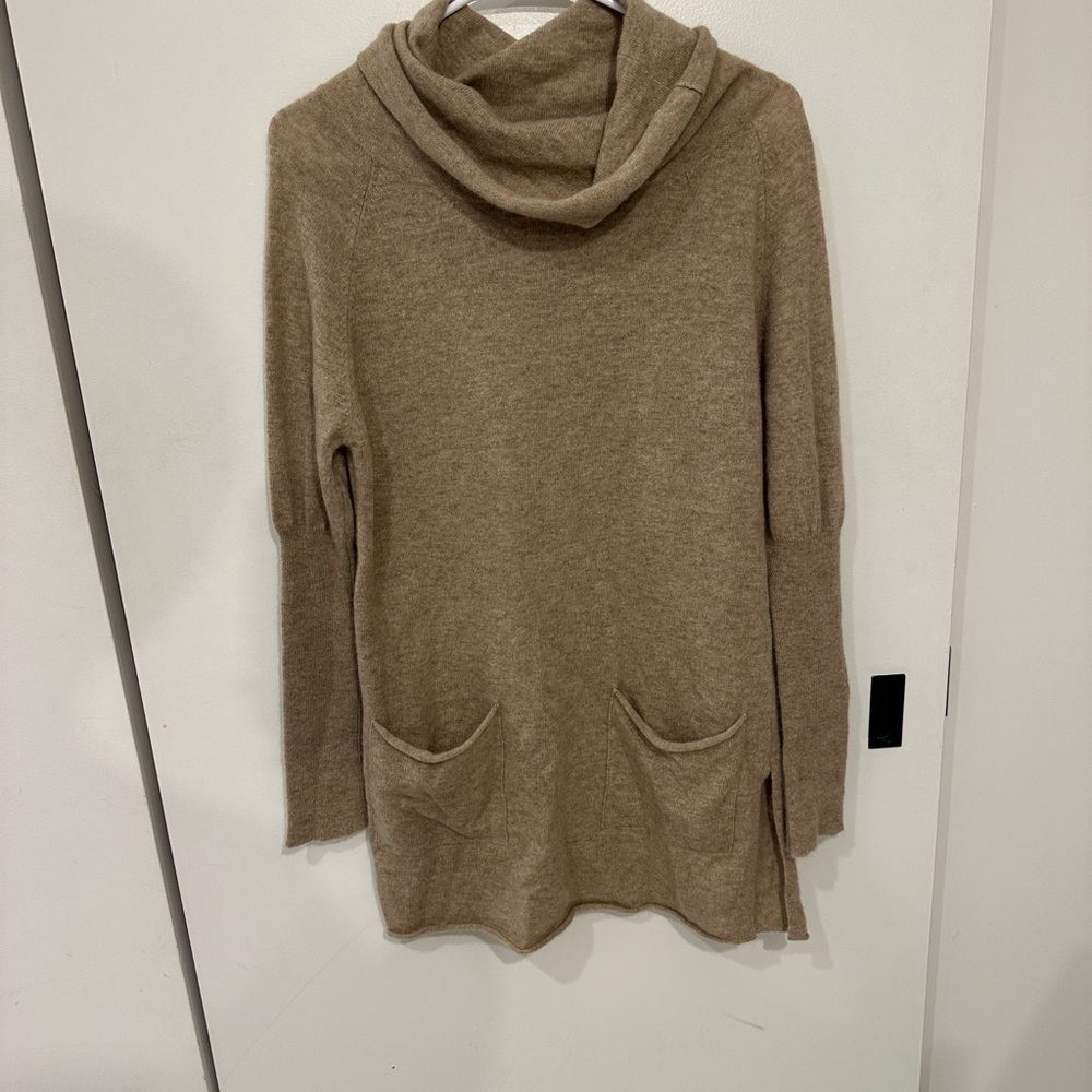 Cashmere Cozy Tan Women's Sweater with Cowl Neck Tunic